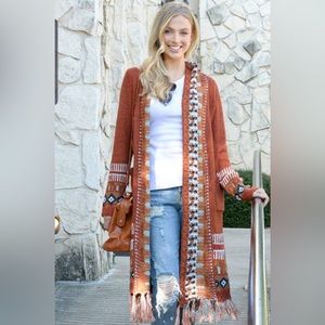 Size M Bohemian Knit Long Sweater Duster fringed Cardigan Brick Red With Pockets